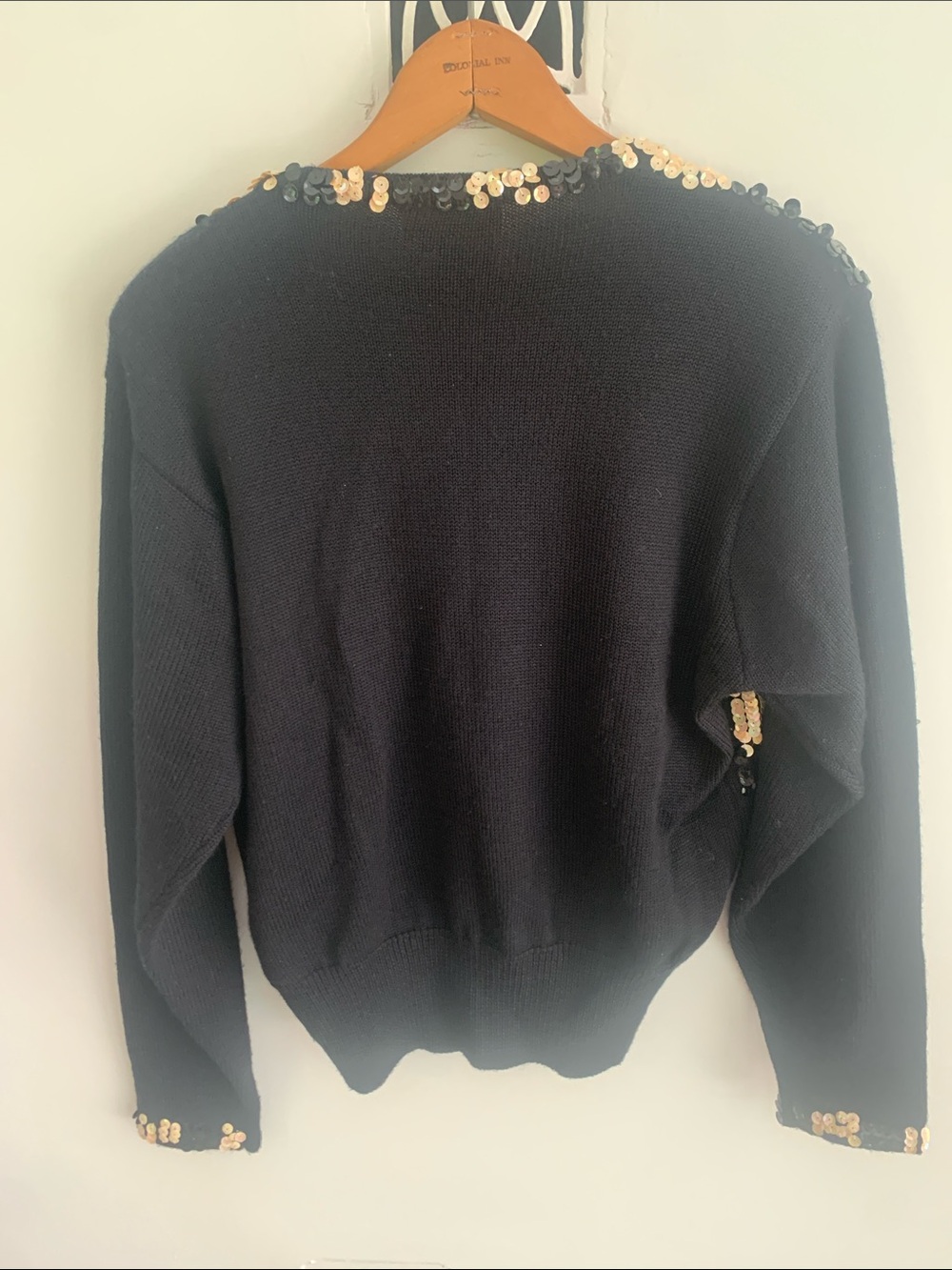 Vintage Sequin Checkerboard Wool Knit Sweater Black/Cream Size L - Picture 3 of 8